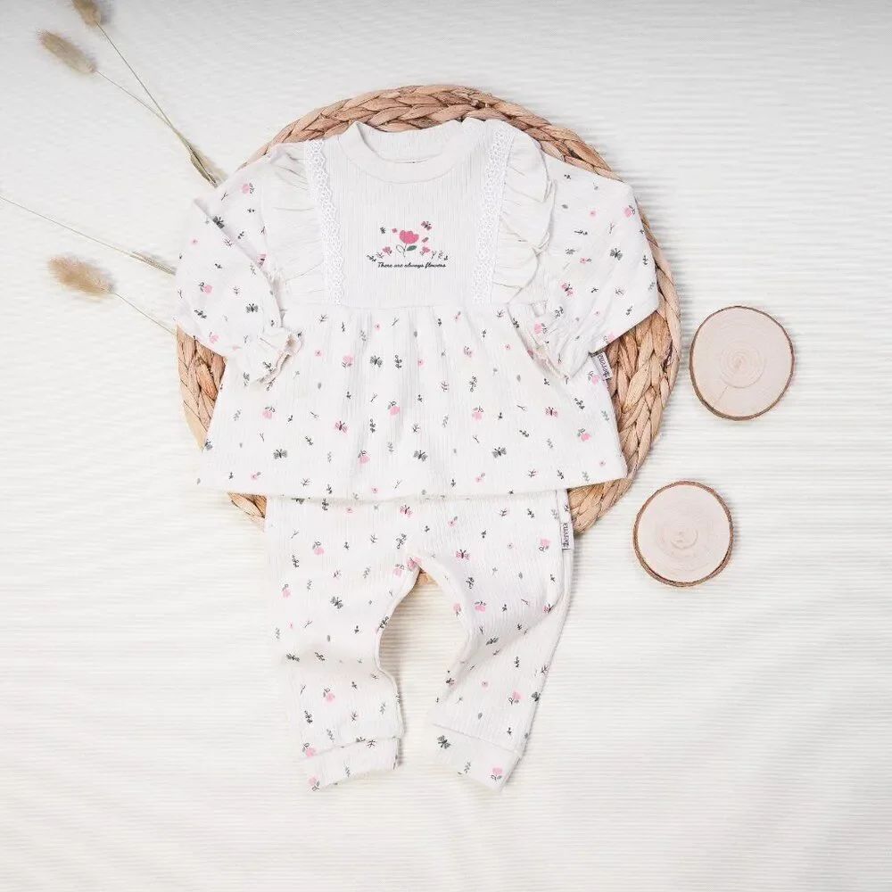 Ribbed Cotton Baby Girl Tunic Set - Flowers CREAM